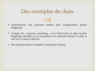 
Des exemples de chats
 Généralement une personne établie dans l’organisation depuis
longtemps
 Typique du « mauvais consulting », où il faut rester en place le plus
longtemps possible en se concentrant sur comment facturer le plus et
non sur la valeur à délivrer
 Des traînards (selon le modèle Crossing the Chasm)
 
