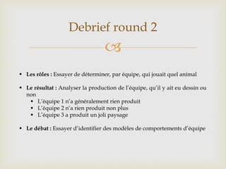 
Debrief round 2
 Les rôles : Essayer de déterminer, par équipe, qui jouait quel animal
 Le résultat : Analyser la production de l’équipe, qu’il y ait eu dessin ou
non
 L’équipe 1 n’a généralement rien produit
 L’équipe 2 n’a rien produit non plus
 L’équipe 3 a produit un joli paysage
 Le débat : Essayer d’identifier des modèles de comportements d’équipe
 