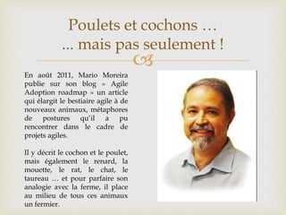 
Poulets et cochons …
... mais pas seulement !
En août 2011, Mario Moreira
publie sur son blog « Agile
Adoption roadmap » un article
qui élargit le bestiaire agile à de
nouveaux animaux, métaphores
de postures qu’il a pu
rencontrer dans le cadre de
projets agiles.
Il y décrit le cochon et le poulet,
mais également le renard, la
mouette, le rat, le chat, le
taureau … et pour parfaire son
analogie avec la ferme, il place
au milieu de tous ces animaux
un fermier.
 
