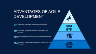 ADVANTAGES OF AGILE
DEVELOPMENT
01
02
03
04
Flexibility: Adapting to changes in project scope.
Customer Satisfaction: Involving customers in the
process.
Risk Management: Identifying and addressing risks early.
Efficiency: Streamlining development and reducing time
to market.
 