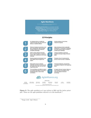 Agile Manifesto
We are uncovering better ways of developing software by doing it and helping others do it.
Through this work we have come to value:
Individuals and interactions over processes and tools
Working software over comprehensive documentation
Customer collaboration over contract negotiation
Responding to change over following a plan
While there is value in the items on the right, we value the items on the left more.
12 Principles
Our highest priority is to satisfy the
customer through early and continuous
delivery of valuable software.
Working software is the primary
measure of progress.
Welcome changing requirements, even
late in development. Agile processes
harness change for the customer's
competitive advantage.
Agile processes promote sustainable
development. The sponsors, developers,
and users should be able to maintain a
constant pace indefinitely.
Deliver working software frequently,
from a couple of weeks to a couple of
months, with a preference to the shorter
timescale.
Continuous attention to technical
excellence and good design enhances
agility.
Business people and developers must
work together daily throughout the
project.
Simplicity--the art of maximizing the
amount of work not done--is essential.
Build projects around motivated
individuals. Give them the environment
and support they need, and trust them
to get the job done.
The best architectures, requirements,
and designs emerge from self-organizing
teams.
The most efficient and effective method
of conveying information to and within a
development team is face-to-face
conversation.
At regular intervals, the team reflects on
how to become more effective, then
tunes and adjusts its behavior
accordingly.
Manifesto Authors
Kent Beck
Mike Beedle
Arie van Bennekum
Alistair Cockburn
Ward Cunningham
Martin Fowler
Robert C. Martin
Steve Mellor
Dave Thomas
James Grenning
Jim Highsmith
Andrew Hunt
Ron Jeffries
Jon Kern
Brian Marick
Ken Schwaber
Jeff Sutherland
© 2001, the Agile Manifesto authors
This declaration may be freely copied in any form, but only in its entirety through this notice.
Figure 2: The agile manifesto as it was written in 2001 and the twelve princi-
ples. These are the agile guidelines referred to in this handbook 2
.
2Image credit: Agile Alliance
6
 