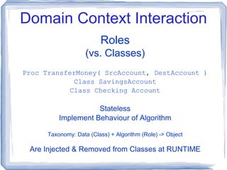 Domain Context Interaction Roles (vs. Classes) Proc TransferMoney( SrcAccount, DestAccount ) Class SavingsAccount Class Checking Account Stateless Implement Behaviour of Algorithm Taxonomy: Data (Class) + Algorithm (Role) -> Object Are Injected & Removed from Classes at RUNTIME 
