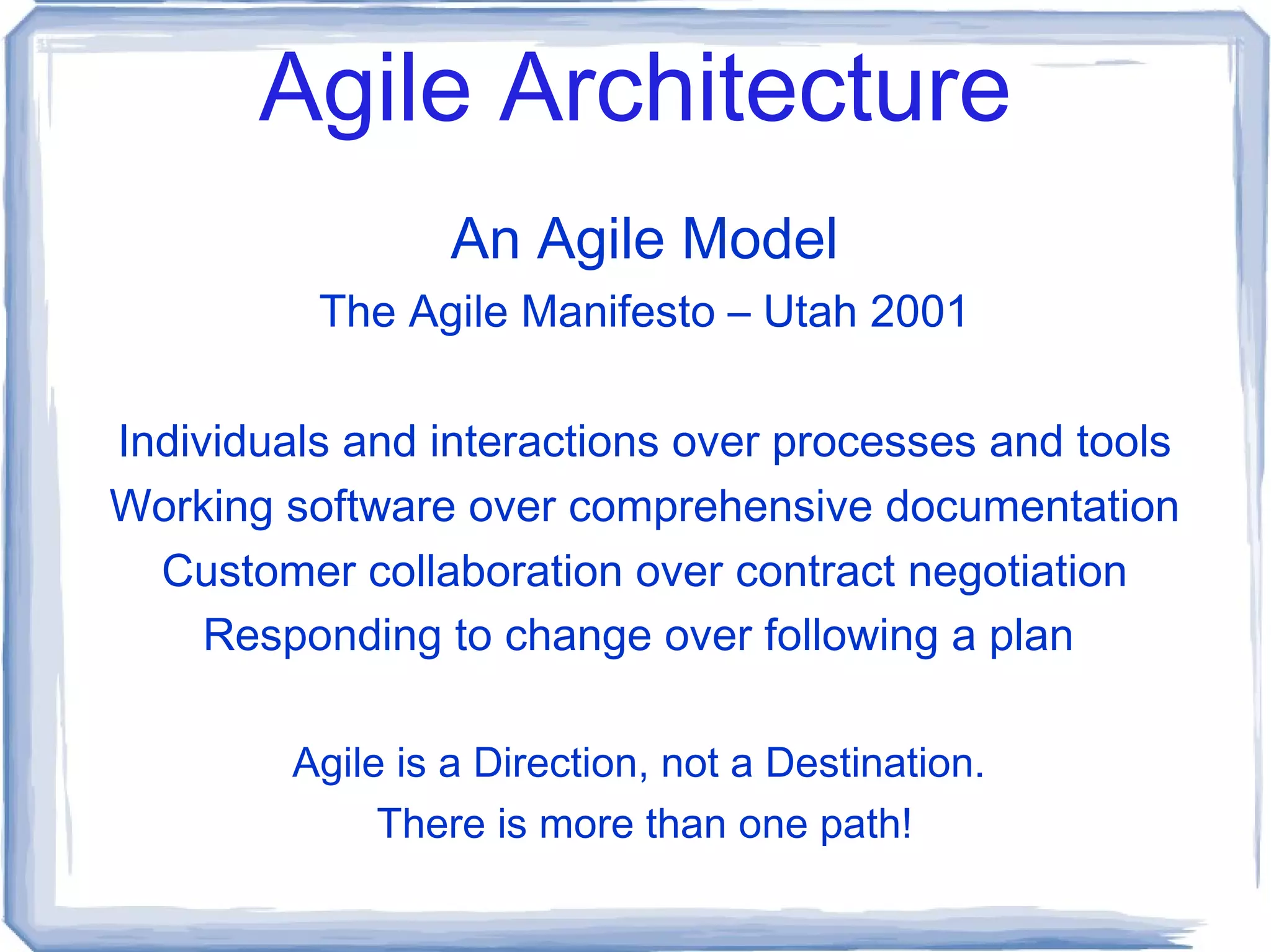 Agile Architecture Q: How can I find an Architect? A: You probably can't. (esp in Asia) (no technical career path, self-defeating hr policies) Q: Assuming I can – what would one cost? A: A whole lot! (real-world architects are paid 8-10% of  construction costs for new buildings) (more telling: 12-15% for rennovations) http://www.proteus-tech.com/concept/othershore/ 