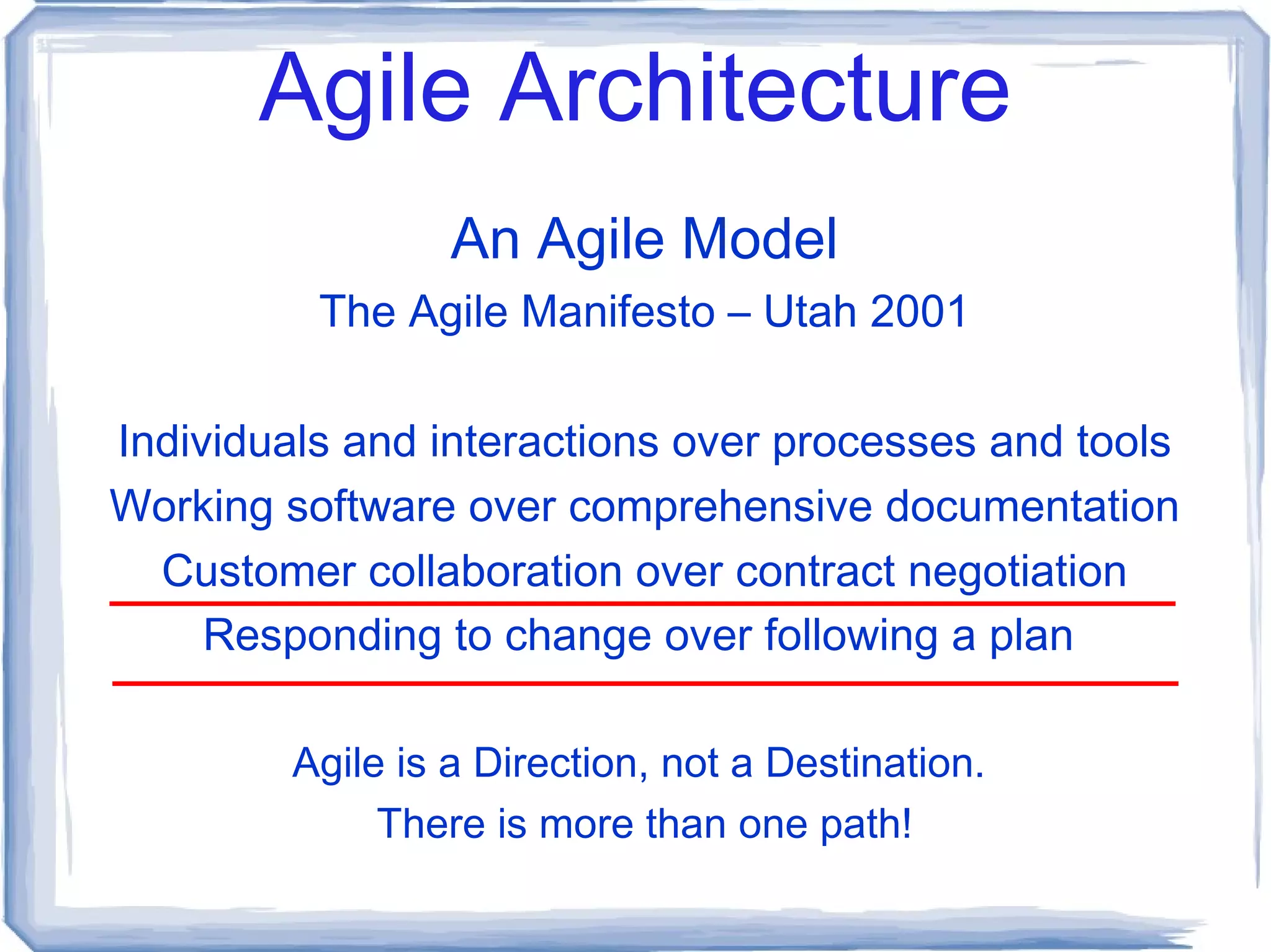 Agile Architecture Test/Behaviour Driven Development A discipline for Agile like double entry accounting or sterile procedure for surgeons. Unit Testing Continuous Integration Ready to Ship Useful Applications of  the ”Architect” Model 