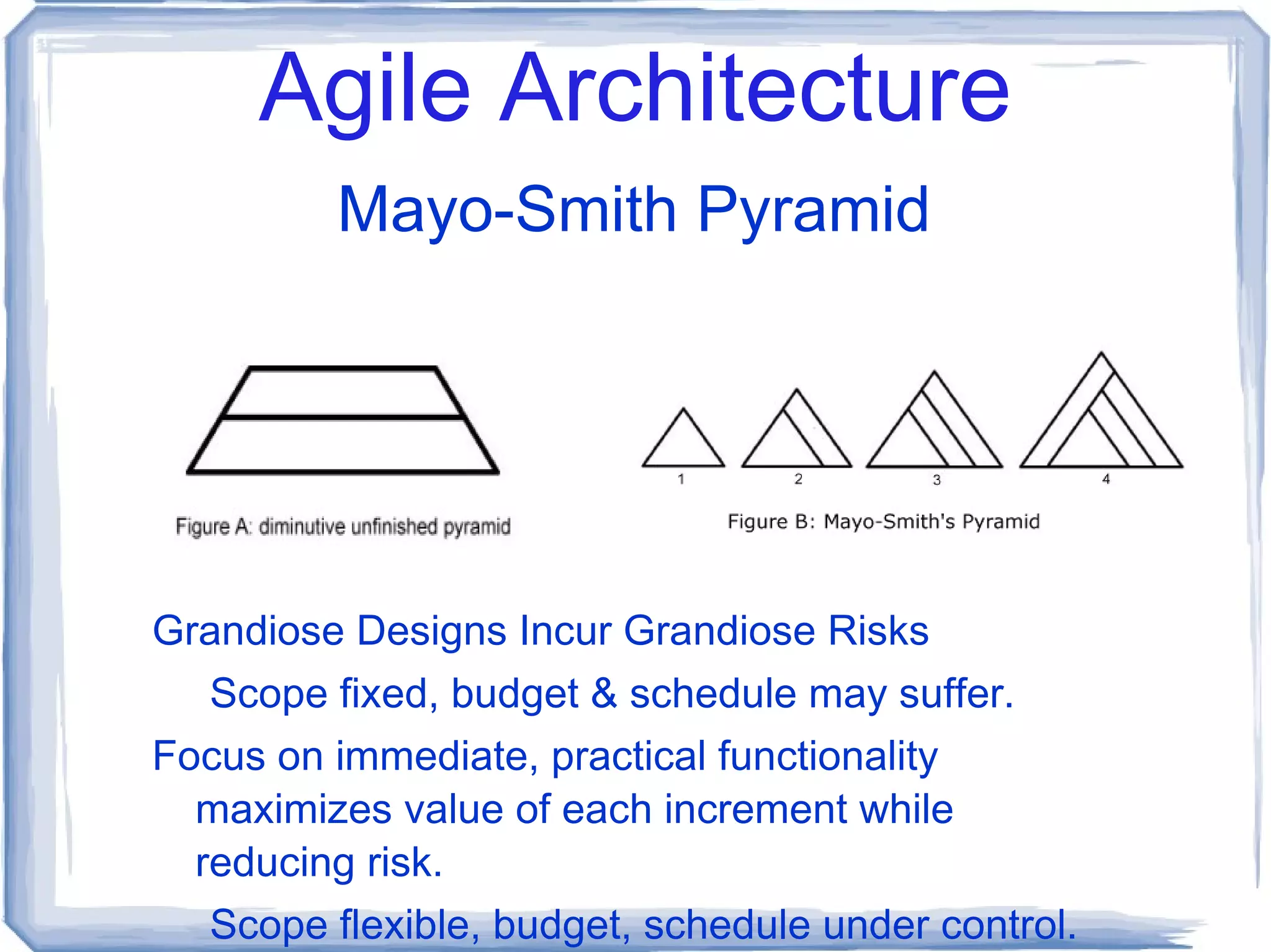 Agile Architecture An Agile Model The Agile Manifesto – Utah 2001 Individuals and interactions over processes and tools Working software over comprehensive documentation Customer collaboration over contract negotiation Responding to change over following a plan  Agile is a Direction, not a Destination.  There is more than one path! 
