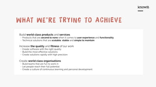 WhaT wE’rE tRyiNg To AchIevE
Build world class products and services
• Products that are second to none when it comes to user experience and functionality
• Technical solutions that are scalable, stable and simple to maintain
Increase the quality and fitness of our work
• Create software with the right quality
• Build the most effective solutions
• Create solutions rapidly with high precision
Create world class organisations
• Build teams that are fun to work in
• Let people reach their full potential
• Create a culture of continuous learning and personal development
 