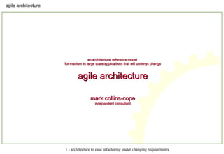 agile architecture
1 - architecture to ease refactoring under changing requirements
an architectural reference modelan architectural reference model
for medium to large scale applications that will undergo changefor medium to large scale applications that will undergo change
agile architectureagile architecture
mark collins-copemark collins-cope
independent consultantindependent consultant
 