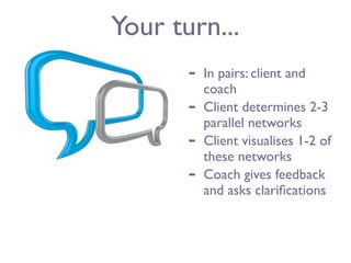 Your turn...
       -   In pairs: client and
           coach
       -   Client determines 2-3
           parallel networks
       -   Client visualises 1-2 of
           these networks
       -   Coach gives feedback
           and asks clariﬁcations
 