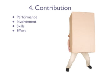 4. Contribution
• Performance
• Involvement
• Skills
• Effort
 