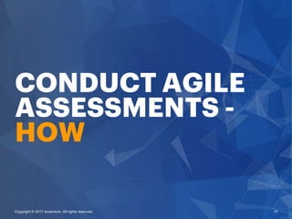 10Copyright © 2017 Accenture All rights reserved.
CONDUCT AGILE
ASSESSMENTS -
HOW
 