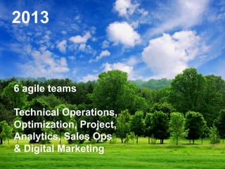 2013
6 agile teams
Technical Operations,
Optimization, Project,
Analytics, Sales Ops
& Digital Marketing
 