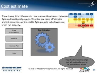 27
© 2015 Lockheed Martin Corporation. All Rights Reserved
Cost estimate
There is very little difference in how teams estimate costs between
Agile and traditional projects. We often see many efficiencies
and risk reductions which enable Agile projects to be lower cost,
when run properly.
$1,000,000.00
Scope
(Epic/ Feature)
Schedule
Resource Plan
Risks
Project estimates are a range
that will continually need to
be reviewed and refined
Cost Estimation
27
 