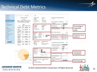 43
© 2015 Lockheed Martin Corporation. All Rights Reserved
Technical Debt Metrics
Check for error
patterns
Percentage of
duplicated
code
Cycylomatic
Complexity
Test Coverage
 