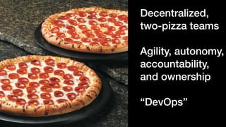 Decentralized,
two-pizza teams 
Agility, autonomy,
accountability,
and ownership 
“DevOps”
 