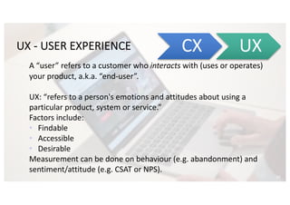 ©2019 @theresaneate
UX - USER EXPERIENCE CX UX
10
A “user” refers to a customer who interacts with (uses or operates)
your product, a.k.a. “end-user”.
UX: “refers to a person's emotions and attitudes about using a
particular product, system or service.”
Factors include:
• Findable
• Accessible
• Desirable
Measurement can be done on behaviour (e.g. abandonment) and
sentiment/attitude (e.g. CSAT or NPS).
 