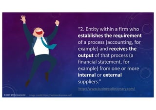 ©2019 @theresaneate
“2. Entity within a firm who
establishes the requirement
of a process (accounting, for
example) and receives the
output of that process (a
financial statement, for
example) from one or more
internal or external
suppliers.”
http://www.businessdictionary.com/
Image credit https://webstockreview.net/
 