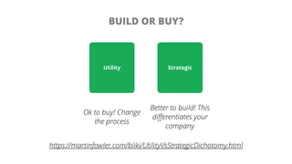 BUILD OR BUY?
Utility Strategic
Better to build! This
diﬀerentiates your
company
Ok to buy! Change
the process
https://mar...