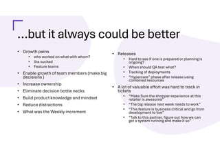 …but it always could be better
• Growth pains
• who worked on what with whom?
• Jira sucked
• Feature teams
• Enable growth of team members (make big
decisions )
• Increase ownership
• Eliminate decision bottle necks
• Build product knowledge and mindset
• Reduce distractions
• What was the Weekly increment
• Releases
• Hard to see if one is prepared or planning is
ongoing?
• When should QA test what?
• Tracking of deployments
• “Hypercare” phase after release using
combined resources
• A lot of valuable effort was hard to track in
tickets
• “Make Sure the shopper experience at this
retailer is awesome”
• “The big release next week needs to work”
• “This feature is business critical and go from
development to live”
• “Talk to this partner, figure out how we can
get a system running and make it so”
 