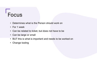 Focus
• Determines what is the Person should work on
• For 1 week
• Can be related to ticket, but does not have to be
• Can be large or small
• BUT this is what is important and needs to be worked on
• Change tooling
 