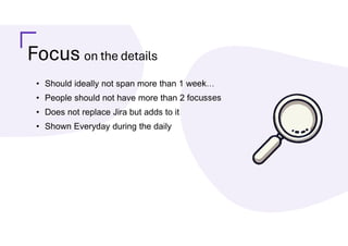 Focus on the details
• Should ideally not span more than 1 week…
• People should not have more than 2 focusses
• Does not replace Jira but adds to it
• Shown Everyday during the daily
 