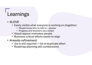 Learnings
• #LOVE
• Easily visible what everyone is working on (together)
• People know who to talk to – always
• Progress and blockers very visible
• Visual appeal motivates people
• Business critical efforts easier to align
• #needs-refinement
• Jira is still required -> bit of duplicate effort
• Roadmap planning still cumbersome
 