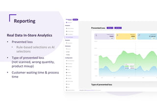 Reporting
Real Data In-Store Analytics
• Prevented loss
• Rule-based selections vs AI
selections
• Type of prevented loss
(not scanned, wrong quantity,
product mixup)
• Customer waiting time & process
time
 