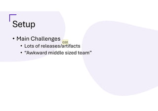 Setup
• Main Challenges
• Lots of releases/artifacts
• “Awkward middle sized team”
GS0
 
