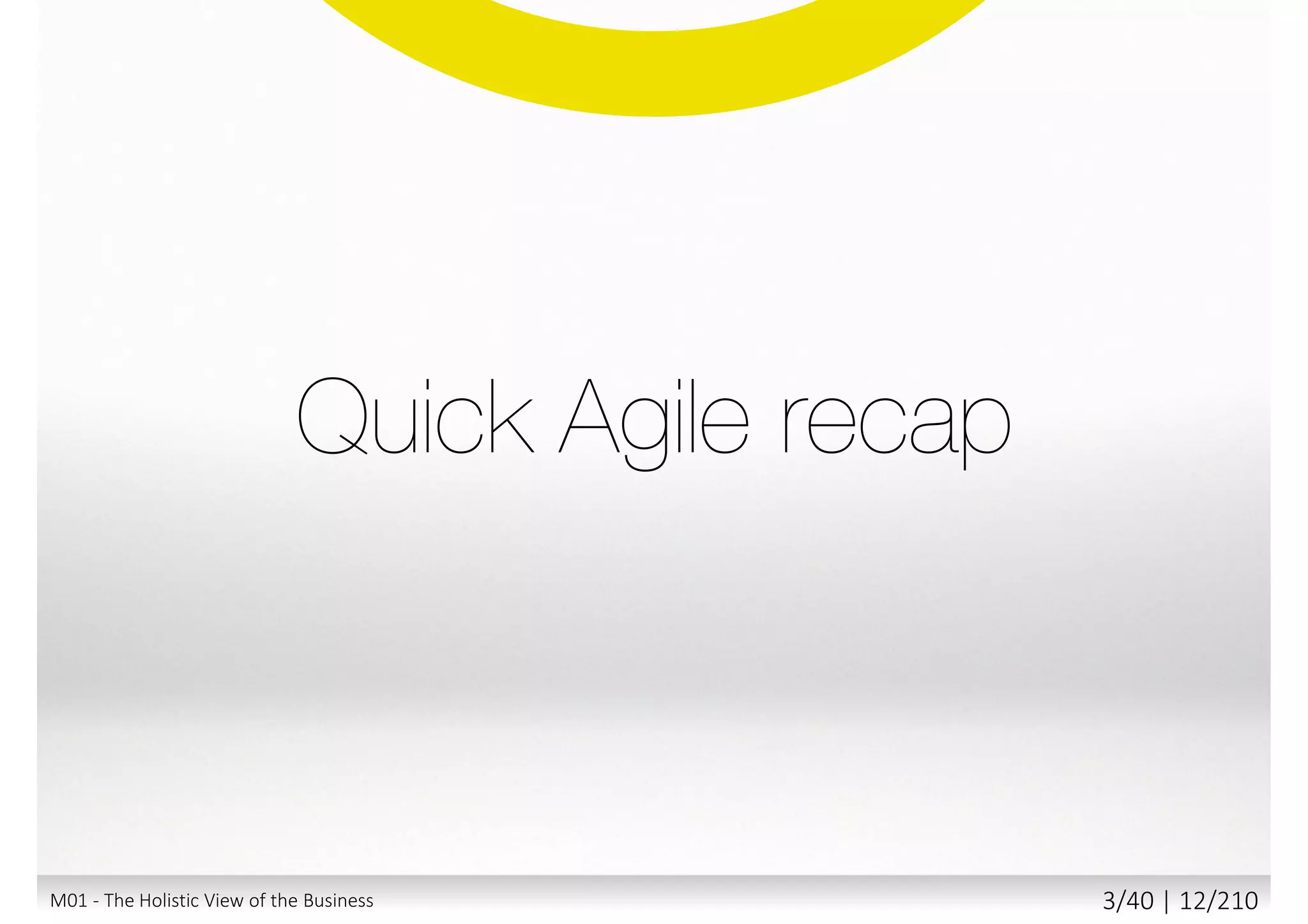 1. The Holistic View of the Business
2. Overview of DSDM method from BA perspective
3. DSDM Team roles and responsibilities
4. The Agile Business Case
5. Communicating with Stakeholders
6. Dealing with Requirements
7. Facilitated Workshops
8. Modelling
9. Working in a Timebox
10. Requirements Engineering
M01 - The Holistic View of the Business 2/40 | 12/211
 