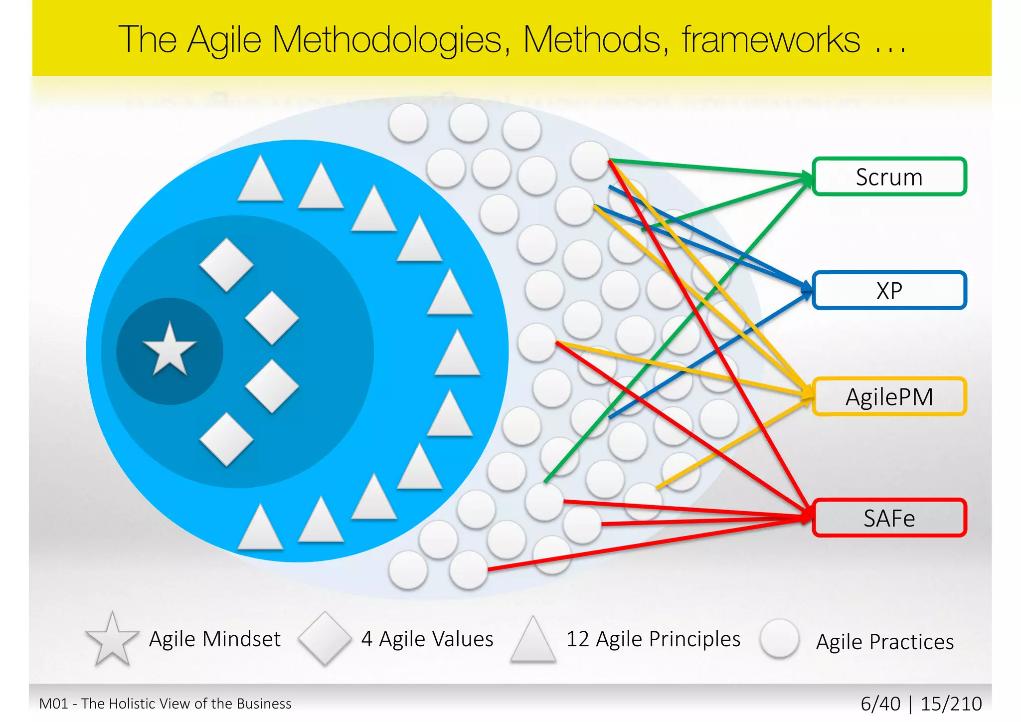 Agile PracticesAgile Mindset 4 Agile Values
Unlimited
number of
practices
12 Agile Principles
M01 - The Holistic View of the Business 5/40 | 15/211
 