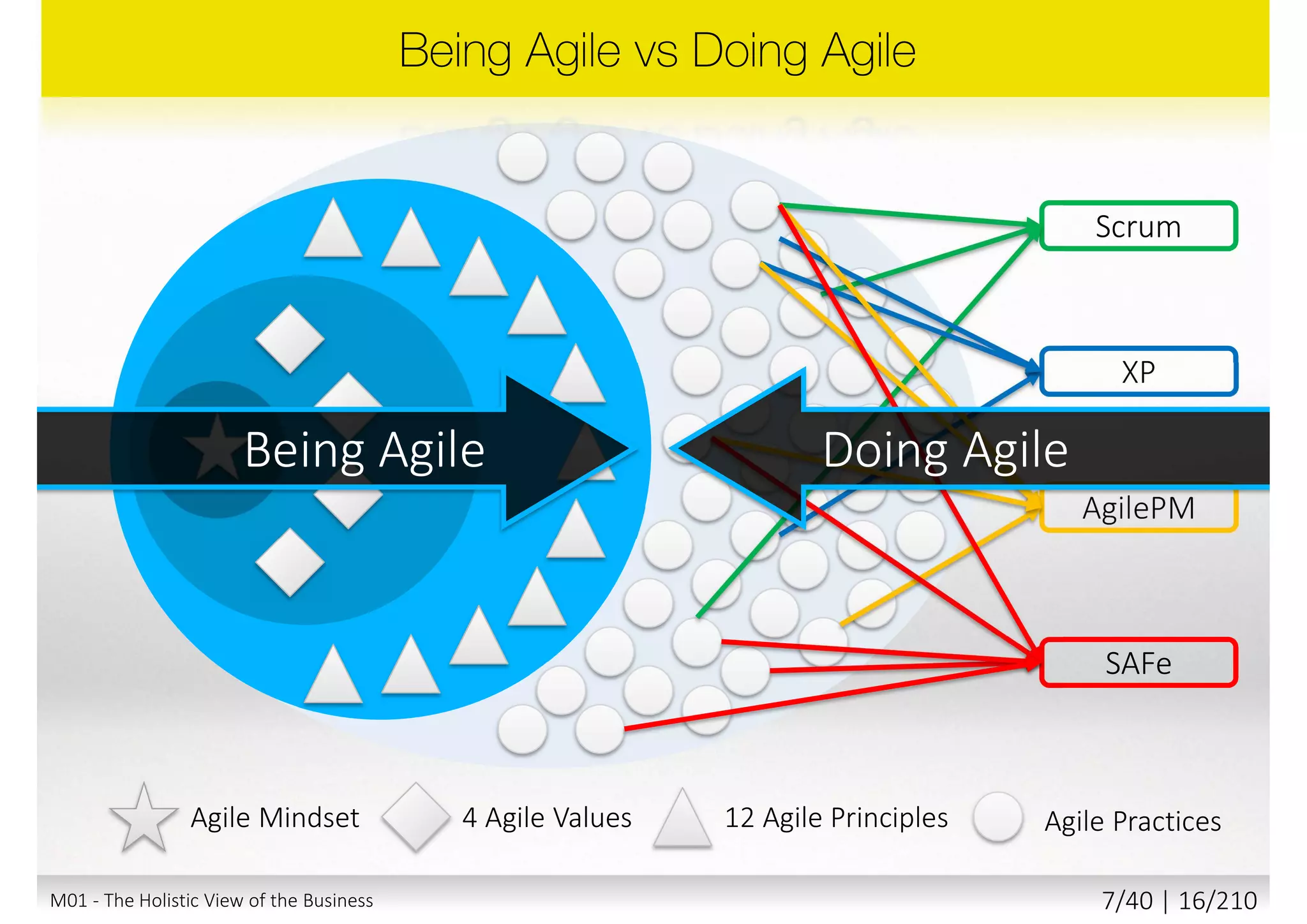Scrum
XP
AgilePM
SAFe
Agile PracticesAgile Mindset 4 Agile Values 12 Agile Principles
M01 - The Holistic View of the Business 6/40 | 16/211
 