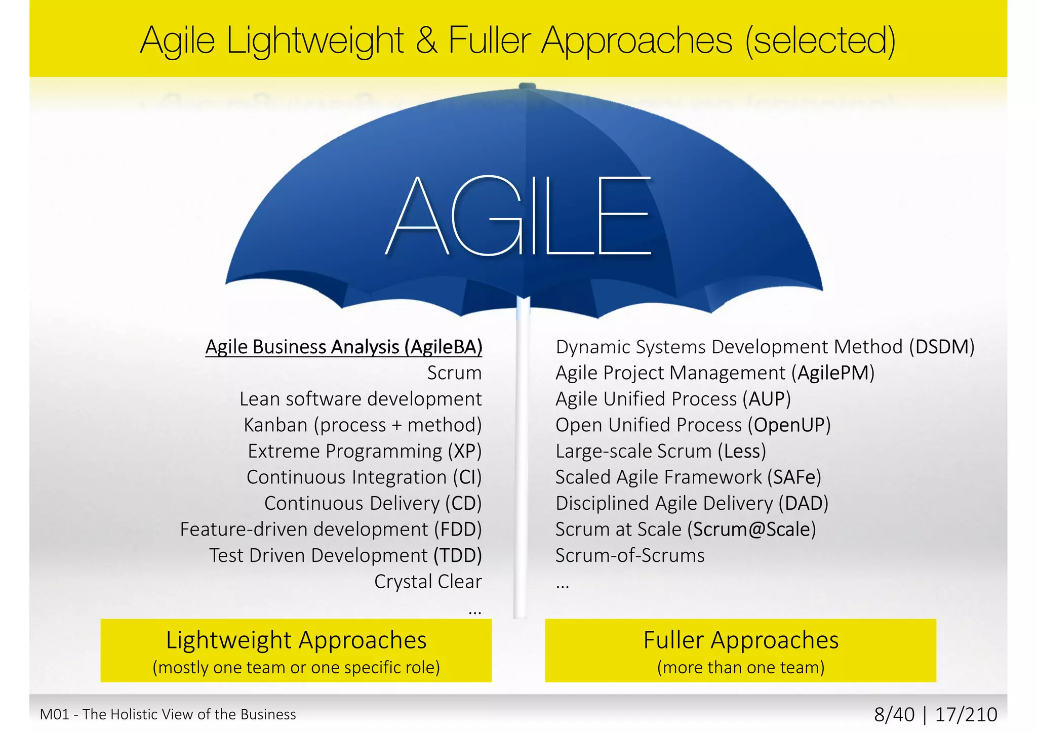 Scrum
XP
AgilePM
SAFe
Agile PracticesAgile Mindset 4 Agile Values 12 Agile Principles
Being Agile Doing Agile
M01 - The Holistic View of the Business 7/40 | 17/211
 