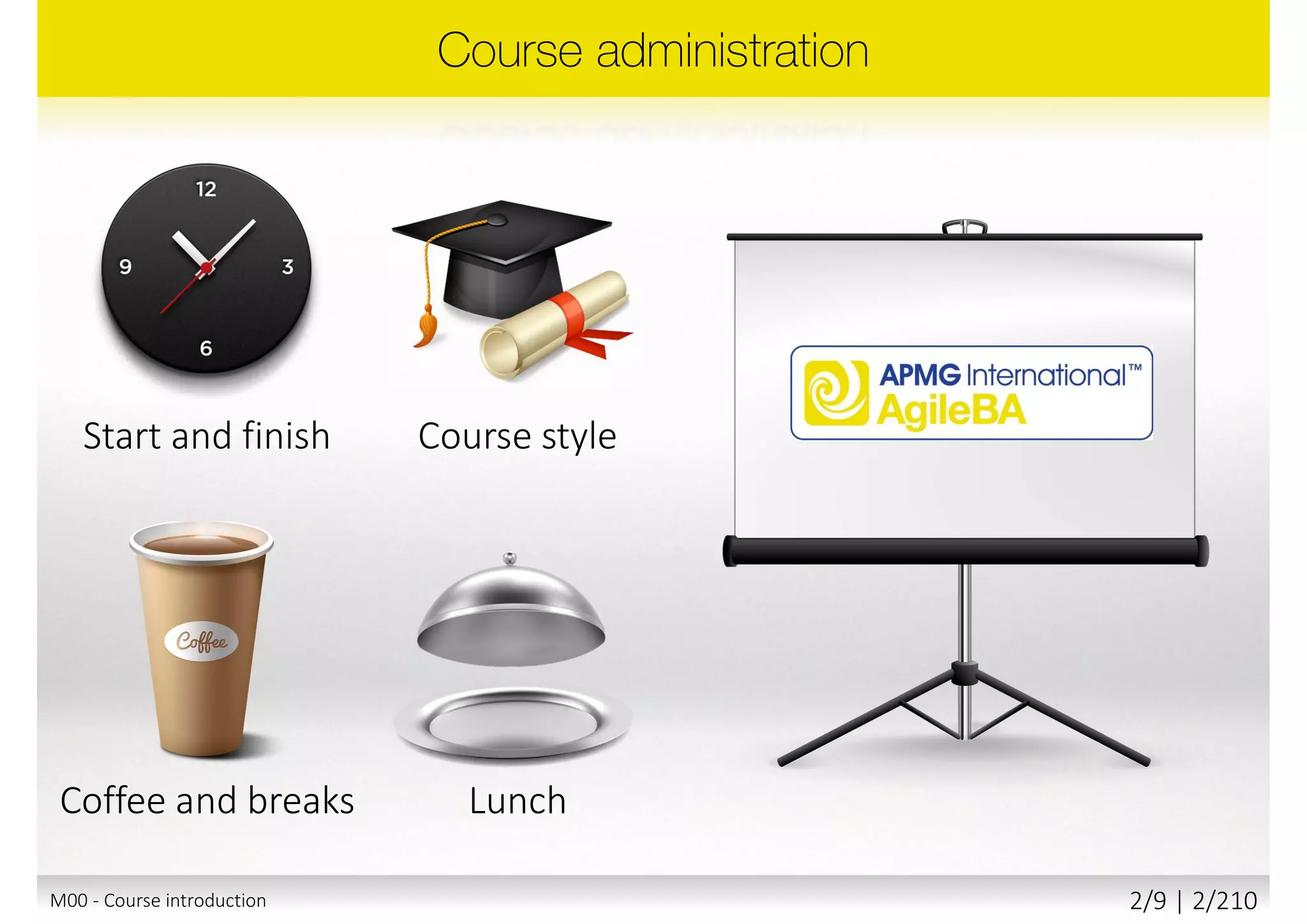 Start and finish Course style
LunchCoffee and breaks
M00 - Course introduction 2/10 | 2/211
 
