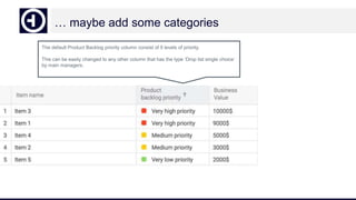 … maybe add some categories
The default Product Backlog priority column consist of 5 levels of priority.
This can be easily changed to any other column that has the type ‘Drop list single choice’
by main managers.
 