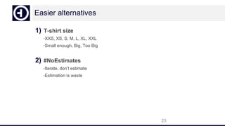 Easier alternatives
1) T-shirt size
-XXS, XS, S, M, L, XL, XXL
-Small enough, Big, Too Big
2) #NoEstimates
-Iterate, don’t estimate
-Estimation is waste
23
 