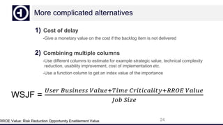 More complicated alternatives
1) Cost of delay
-Give a monetary value on the cost if the backlog item is not delivered
2) Combining multiple columns
-Use different columns to estimate for example strategic value, technical complexity
reduction, usability improvement, cost of implementation etc.
-Use a function column to get an index value of the importance
24
WSJF =
𝑈𝑠𝑒𝑟 𝐵𝑢𝑠𝑖𝑛𝑒𝑠𝑠 𝑉𝑎𝑙𝑢𝑒+𝑇𝑖𝑚𝑒 𝐶𝑟𝑖𝑡𝑖𝑐𝑎𝑙𝑖𝑡𝑦+𝑅𝑅𝑂𝐸 𝑉𝑎𝑙𝑢𝑒
𝐽𝑜𝑏 𝑆𝑖𝑧𝑒
RROE Value: Risk Reduction Opportunity Enablement Value
 