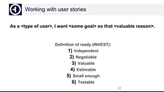 Working with user stories
Definition of ready (INVEST):
1) Independent
2) Negotiable
3) Valuable
4) Estimable
5) Small enough
6) Testable
32
As a <type of user>, I want <some goal> so that <valuable reason>.
 
