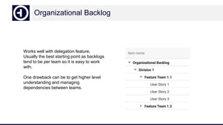 Organizational Backlog
Works well with delegation feature.
Usually the best starting point as backlogs
tend to be per team so it is easy to work
with.
One drawback can be to get higher level
understanding and managing
dependencies between teams.
 