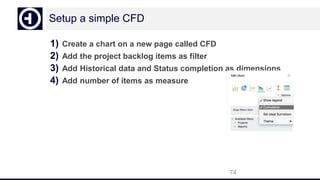 Setup a simple CFD
1) Create a chart on a new page called CFD
2) Add the project backlog items as filter
3) Add Historical data and Status completion as dimensions
4) Add number of items as measure
74
 