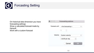Forcasting Setting
On historical data dimension you have
forecasting settings:
Show a calculated forecast made by
Hansoft
Work with a custom forecast
85
 