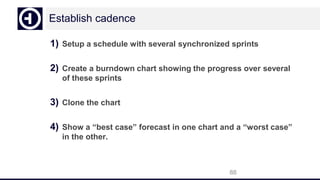 Establish cadence
1) Setup a schedule with several synchronized sprints
2) Create a burndown chart showing the progress over several
of these sprints
3) Clone the chart
4) Show a “best case” forecast in one chart and a “worst case”
in the other.
88
 