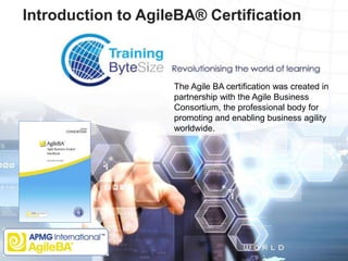 1apmg-international.com
The Agile BA certification was created in
partnership with the Agile Business
Consortium, the professional body for
promoting and enabling business agility
worldwide.
Introduction to AgileBA® Certification
 