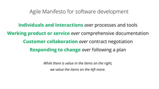Individuals and interactions over processes and tools
Working product or service over comprehensive documentation
Customer collaboration over contract negotiation
Responding to change over following a plan
While there is value in the items on the right,
we value the items on the left more.
 