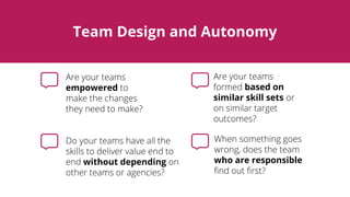 Team Design and Autonomy
Team Design and Autonomy
empowered based on
similar skill sets
who are responsiblewithout depending
 