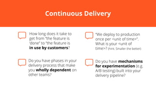 Continuous Delivery
in use by customers
mechanisms
for experimentation
wholly dependent
 