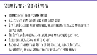 ● Timeboxedto1hourperweekSprint
● P.O.Presentswhatisdoneandwhatisnotdone
● DevTeamDiscusseswhatwentwell,whatproblemstheyfacedandhowthey
solvedthem.
● TheDevTeamDemonstratestheworkdoneandanswersquestions.
● Groupcollaboratesonwhattodonext.
● BacklogRefinementandReviewofthetimeline,budget,Potential
capabilities,andmarketplaceforthenextanticipatedrelease
ScrumEvents-SprintReview
 