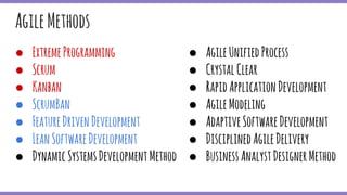 ● ExtremeProgramming
● Scrum
● Kanban
● ScrumBan
● FeatureDrivenDevelopment
● LeanSoftwareDevelopment
● DynamicSystemsDevelopmentMethod
AgileMethods
● AgileUnifiedProcess
● CrystalClear
● RapidApplicationDevelopment
● AgileModeling
● AdaptiveSoftwareDevelopment
● DisciplinedAgileDelivery
● BusinessAnalystDesignerMethod
 