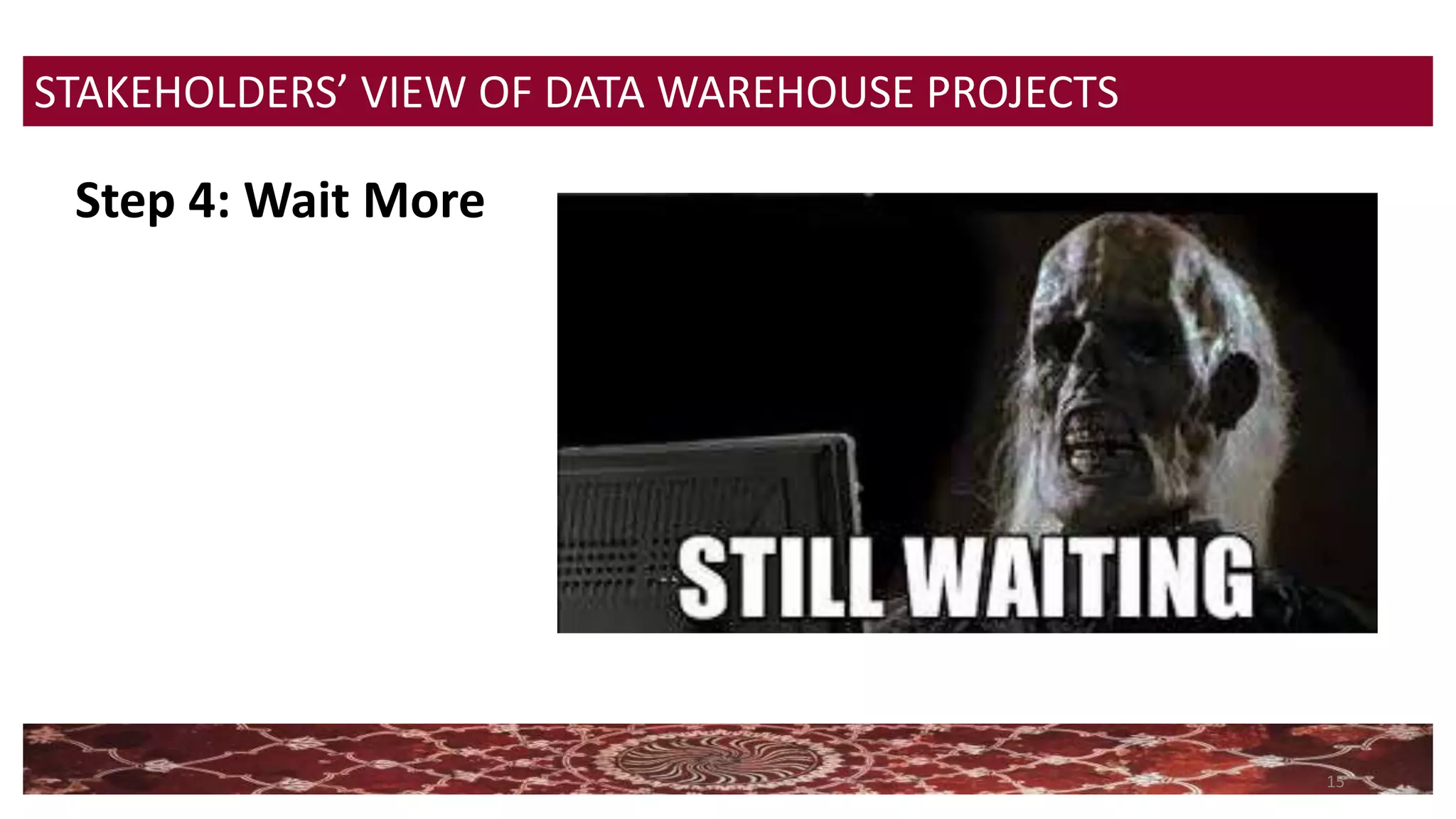 15
STAKEHOLDERS’ VIEW OF DATA WAREHOUSE PROJECTS
Step 4: Wait More
 