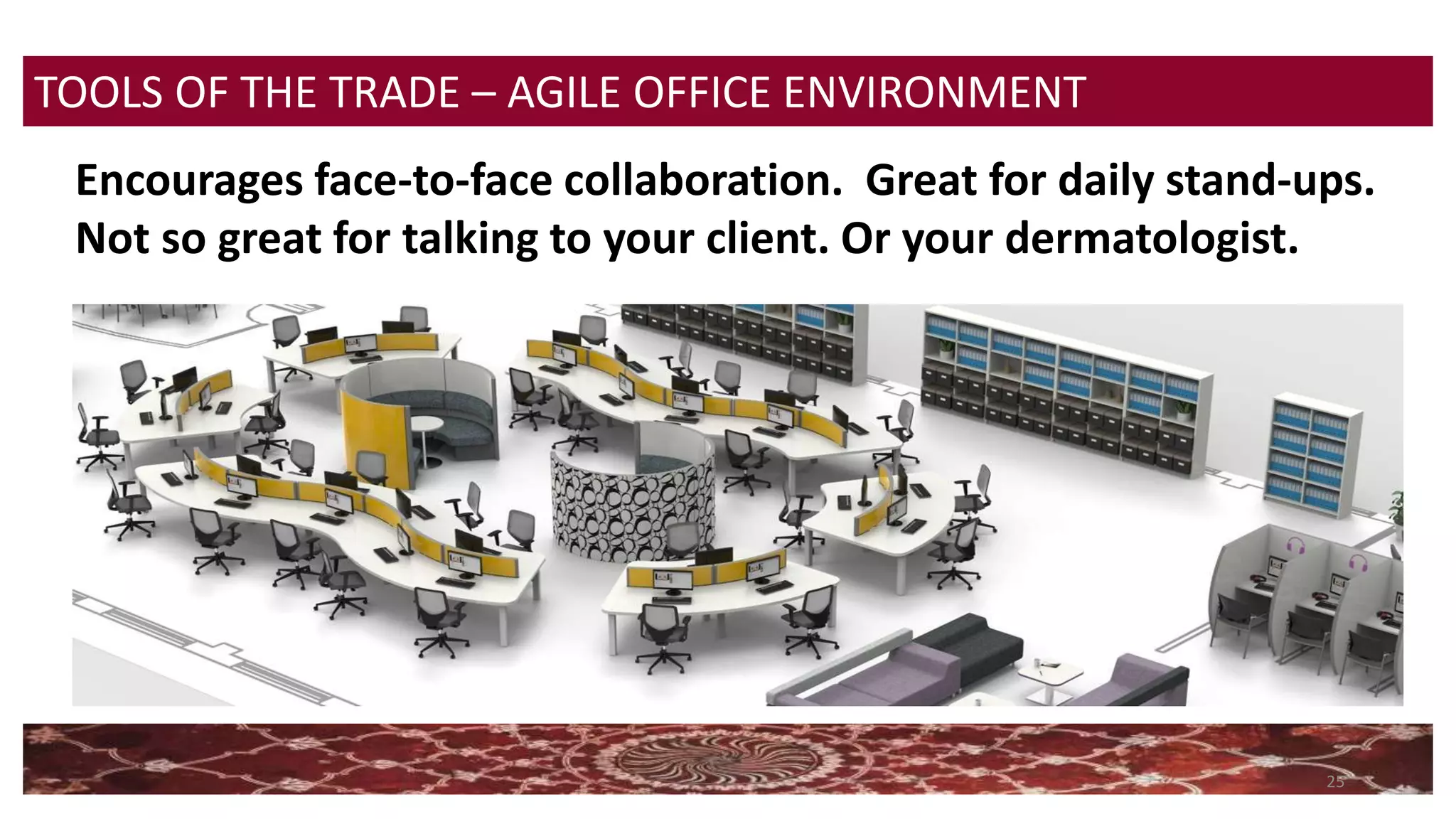 25
TOOLS OF THE TRADE – AGILE OFFICE ENVIRONMENT
Encourages face-to-face collaboration. Great for daily stand-ups.
Not so great for talking to your client. Or your dermatologist.
 