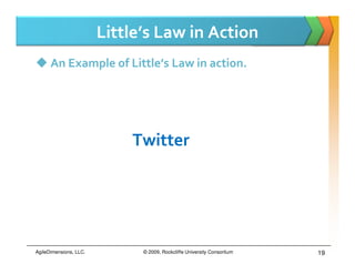 Little’s Law in Action
      An Example of Little’s Law in action.




                            Twitter




AgileDimensions, LLC.         © 2009, Rockcliffe University Consortium   19
 