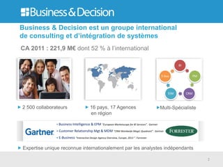 Business & Decision est un groupe international
de consulting et d’intégration de systèmes
CA 2011 : 221,9 M€ dont 52 % à l’international
2
2 500 collaborateurs 16 pays, 17 Agences
en région
Multi-Spécialiste
BI
PM
CRMEIM
E-bus
Expertise unique reconnue internationalement par les analystes indépendants
• Business Intelligence & EPM “European Marketscope for BI Services”. Gartner
• Customer Relationship Mgt & MDM “CRM Wordwide Magic Quadrant”. Gartner
• E-Business “Interactive Design Agency Overview, Europe, 2013 ”. Forrester
 